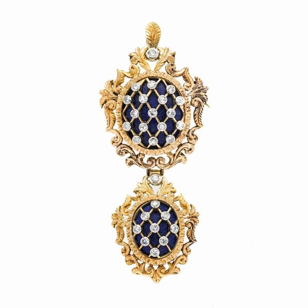Spilla pendente in oro giallo, oro bianco, lapislazzulo e diamanti