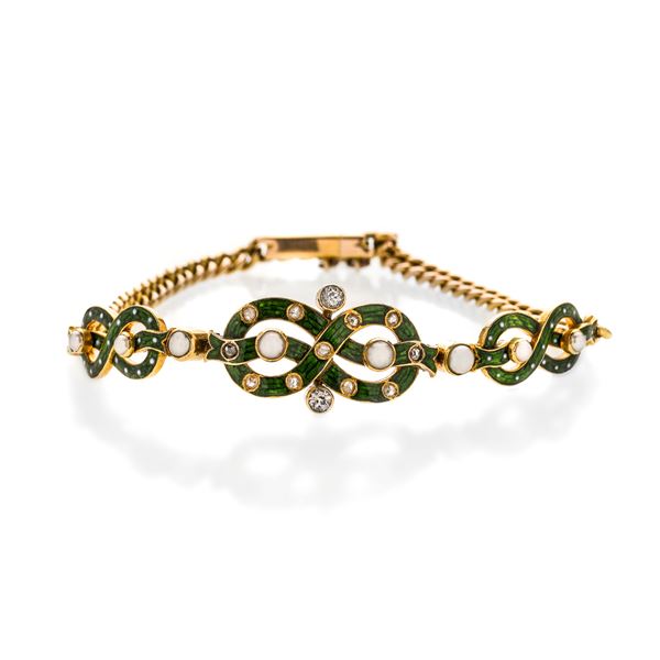 Bracelet in yellow gold, green and white enamel, microperle and diamonds