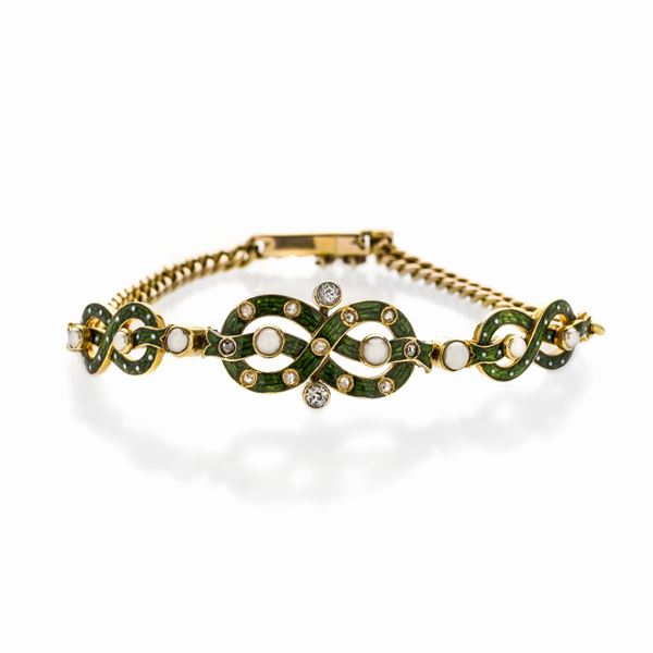 Bracciale in oro giallo, smalto verde e bianco, microperle e diamanti