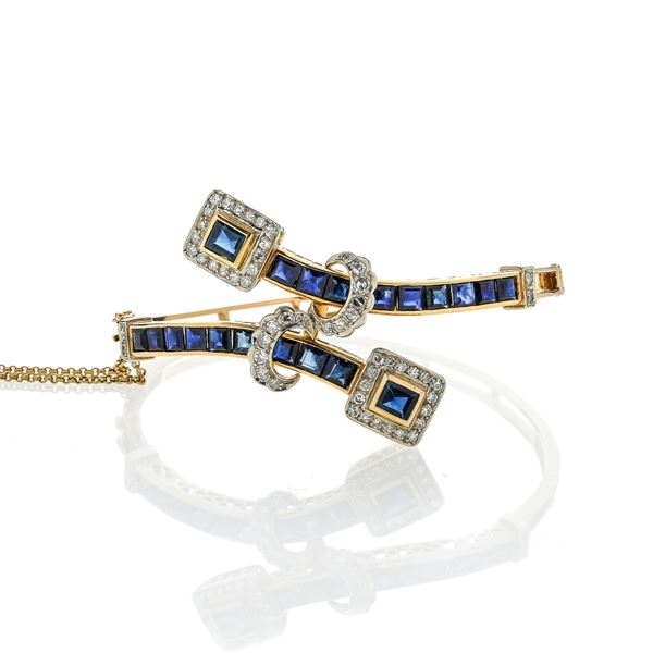Rigid bracelet in yellow gold, white gold, diamonds and sapphires