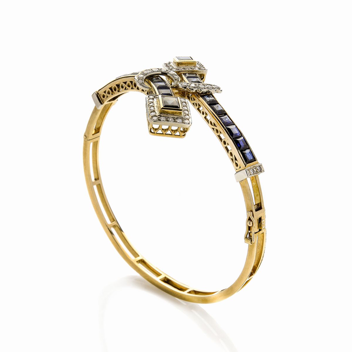 Bracciale Rigido in Oro Giallo, Oro Bianco, Diamanti e Zaffiri