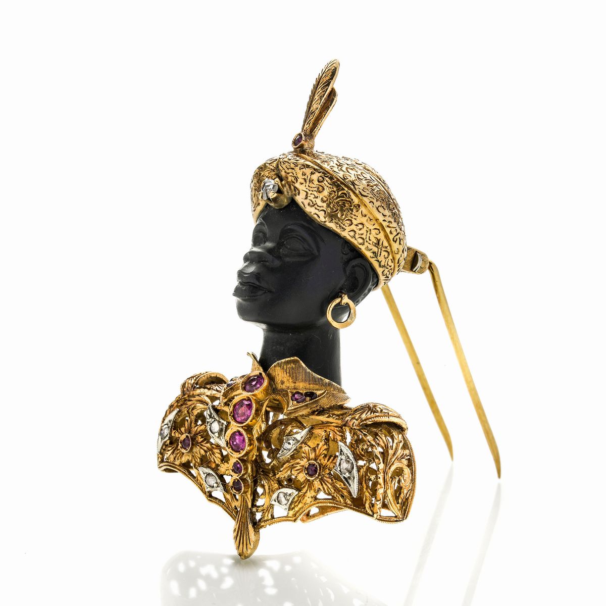 Spilla Moro in Oro Giallo, Oro Bianco, Ebano, Diamanti e Rubini