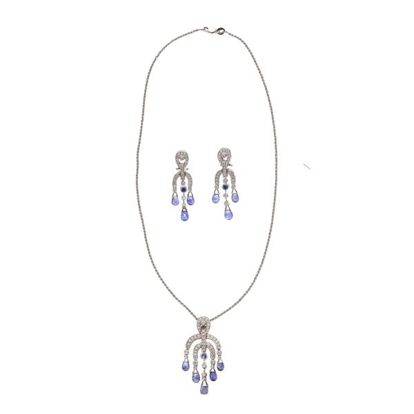 Pair of earrings and pendant in white gold, diamonds and tanzanite