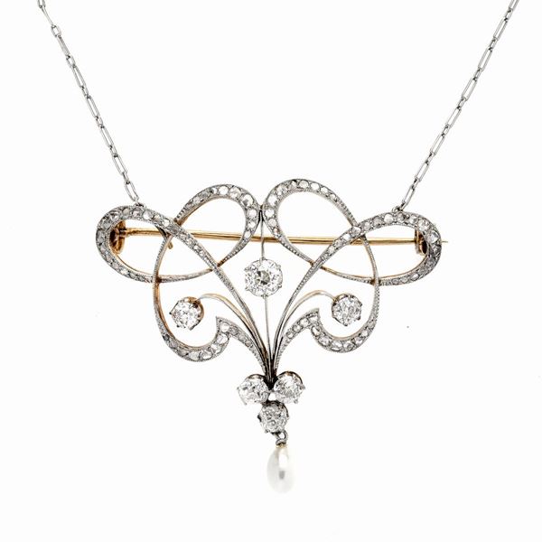 Pendente in oro giallo, oro bianco, diamanti e perle  - Asta Asta di Gioielli Antichi, Moderni e Orologi - Curio - Casa d'aste in Firenze