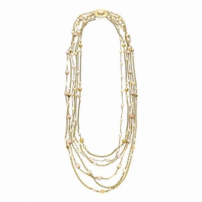 Collana Millefili in Oro Giallo, Perle Coltivate e Corallo Pelle D'angelo