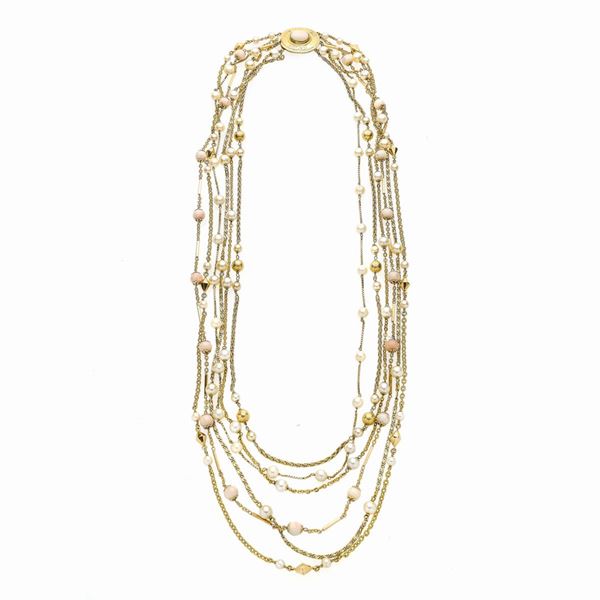 Collana millefili in oro giallo, perle coltivate e corallo pelle d'angelo