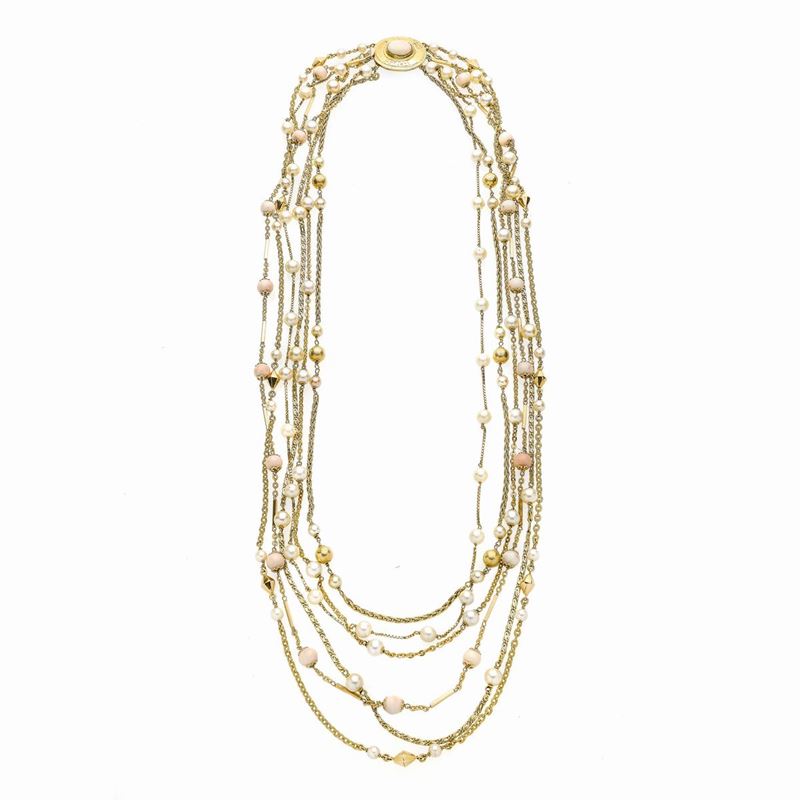 Collana Millefili in Oro Giallo, Perle Coltivate e Corallo Pelle D'angelo