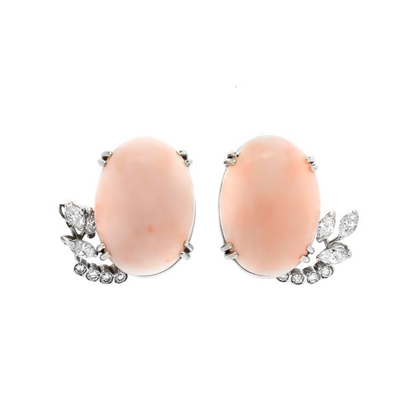 Pair of clip earrings in white gold, diamonds and angel skin coral