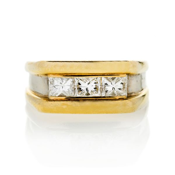 Trilogy ring in yellow gold, white gold and diamonds