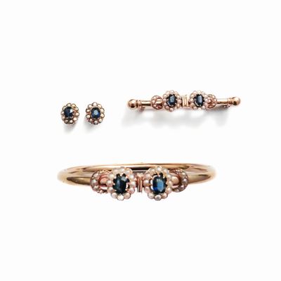 Parure Composta da Bracciale e Spilla in Oro Rosa, Microperle e Zaffiri