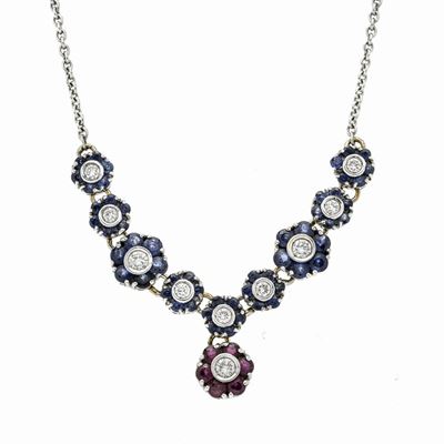 Collana in Oro Bianco, Diamanti, Zaffiri e Rubini