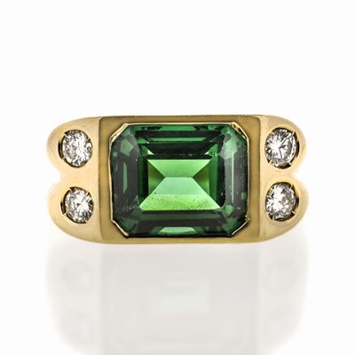 Anello a Ponte in Oro Giallo, Quarzo Verde e Diamanti