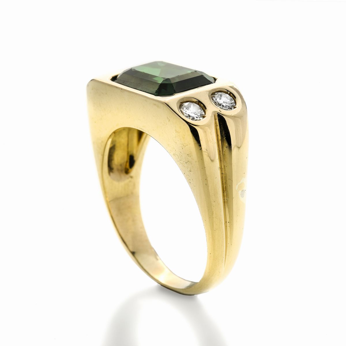 Anello a Ponte in Oro Giallo, Quarzo Verde e Diamanti