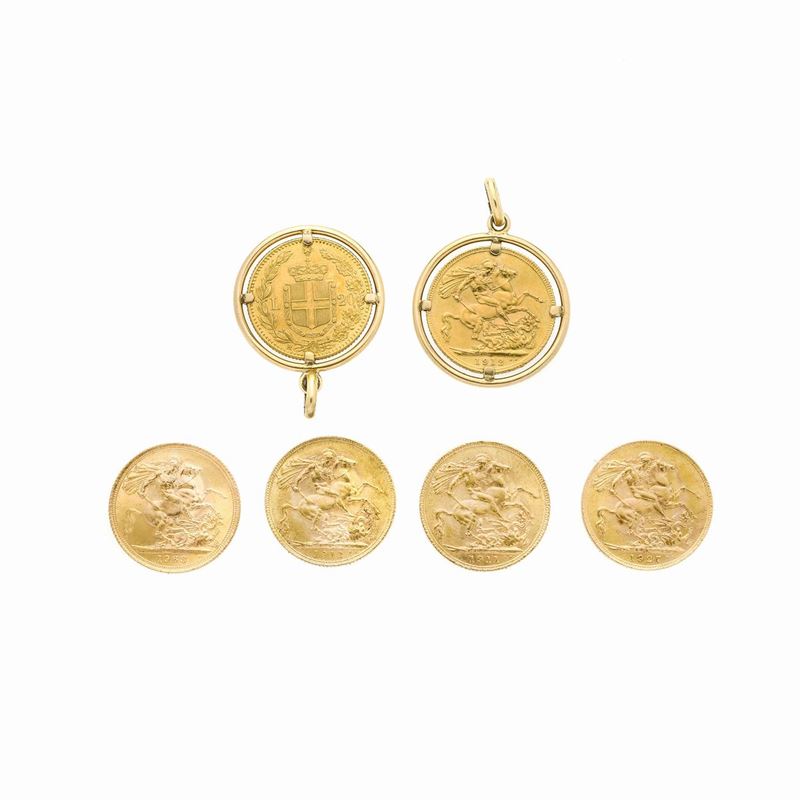 Lotto di Cinque Sterline in Oro Giallo e un Merengo da 20 Lire in Oro Giallo