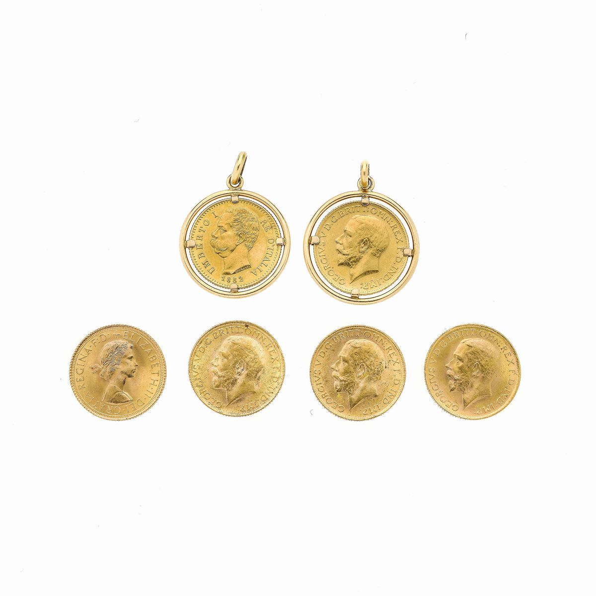 Lotto di Cinque Sterline in Oro Giallo e un Merengo da 20 Lire in Oro Giallo