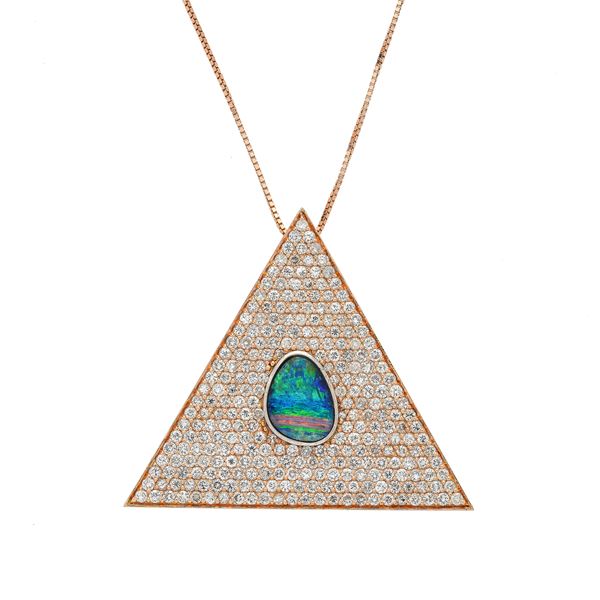 Triangle pendant in rose gold, diamonds and fire opal