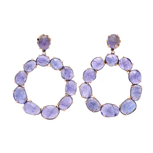 Pair of large dangling earrings in yellow gold, diamonds and blue chalcedony