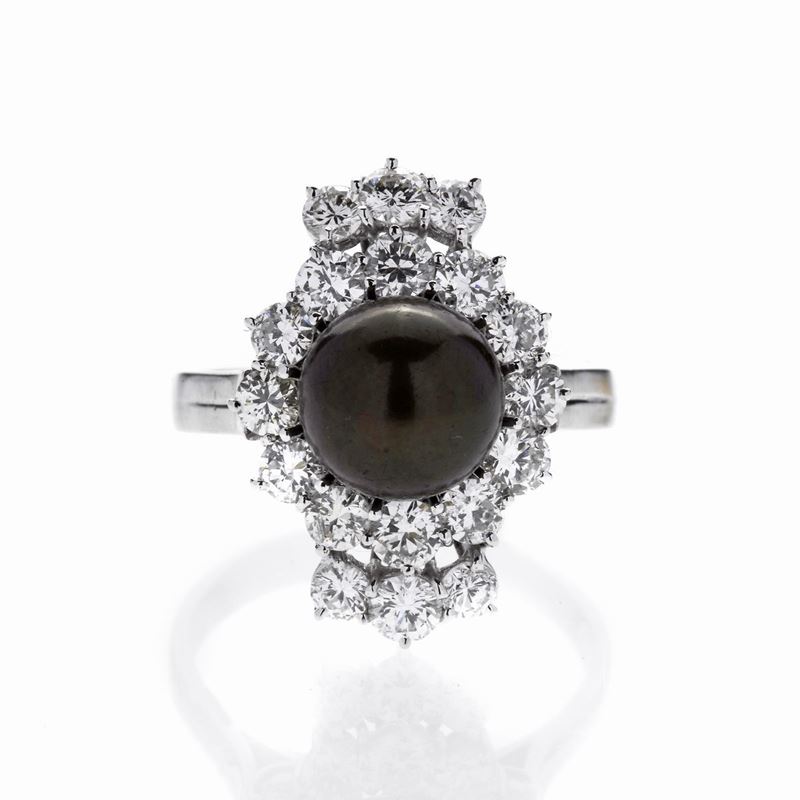 Anello in Oro Bianco, Diamanti e Perla Brown