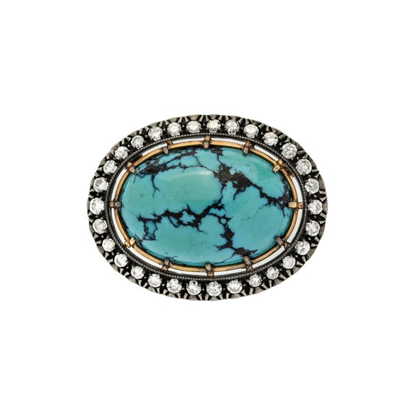Oval brooch in gold with a low title, silver, diamonds and turquoise