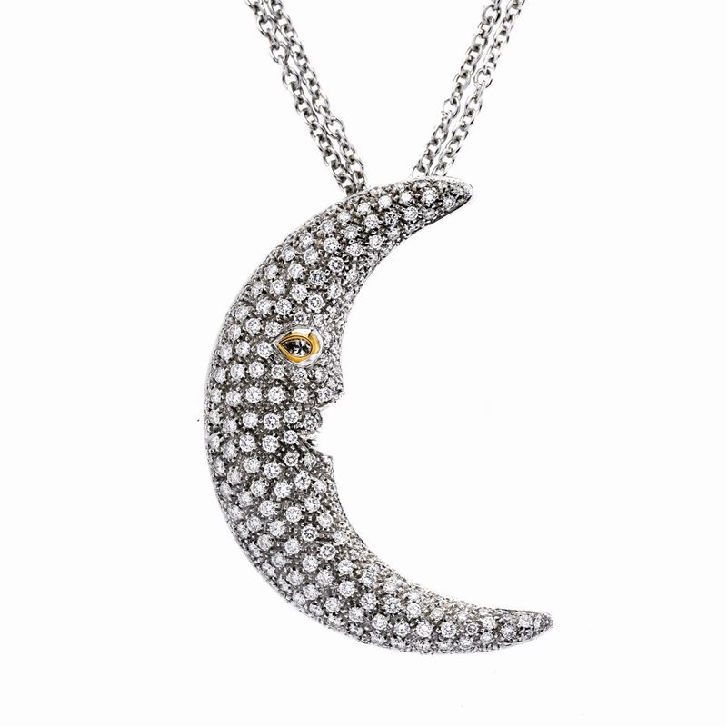 Pendente Mezzaluna in Oro Bianco e Diamanti
