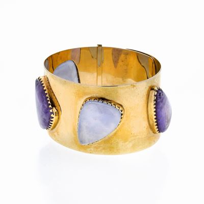 Alto Bracciale Rigido in Oro Giallo e Ametista e Quarzo Azzurro