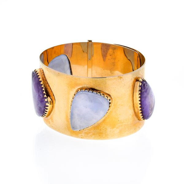 High rigid bracelet in yellow gold and amethyst and light blue quartz