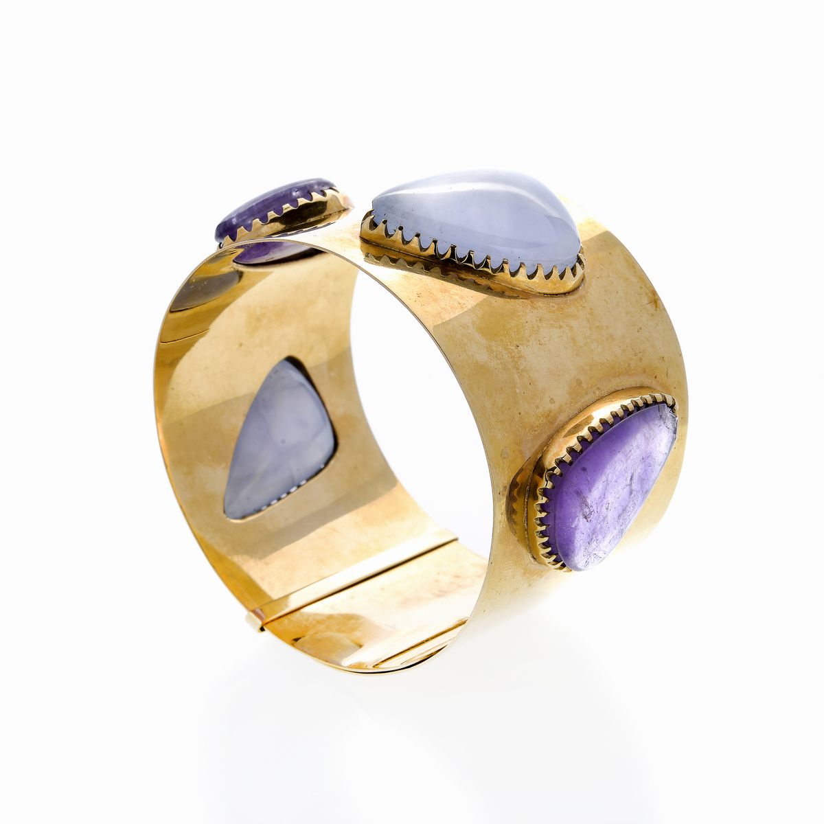 Alto Bracciale Rigido in Oro Giallo e Ametista e Quarzo Azzurro