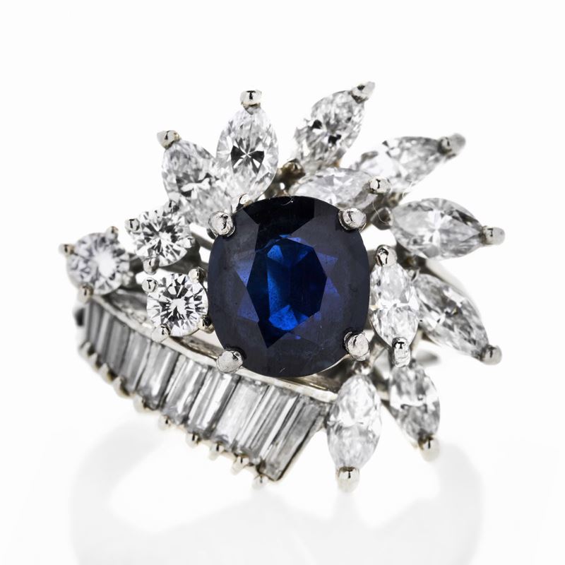 Anello in Oro Bianco, Diamanti e Zaffiro