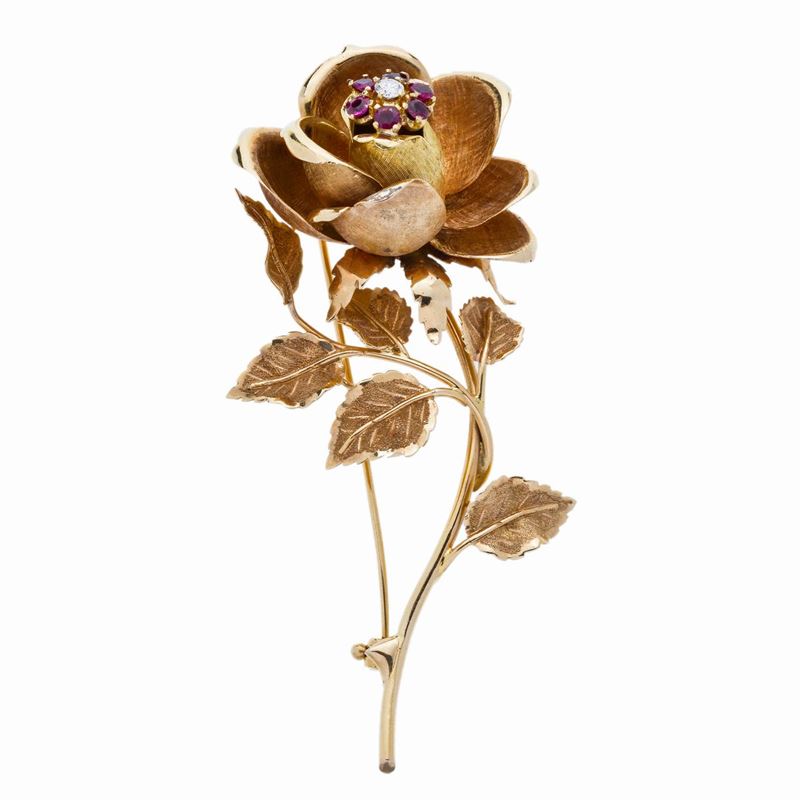 Grande Spilla in Oro Giallo, Oro Rosa, Diamanti e Rubini