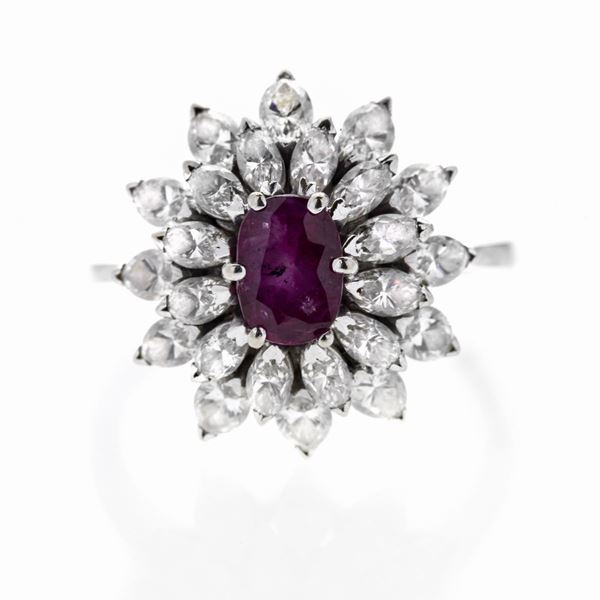 Ring in white gold, diamonds and ruby