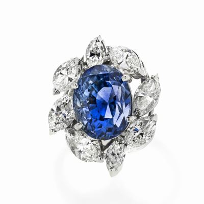 Anello in Oro Bianco, Diamanti e Zaffiro