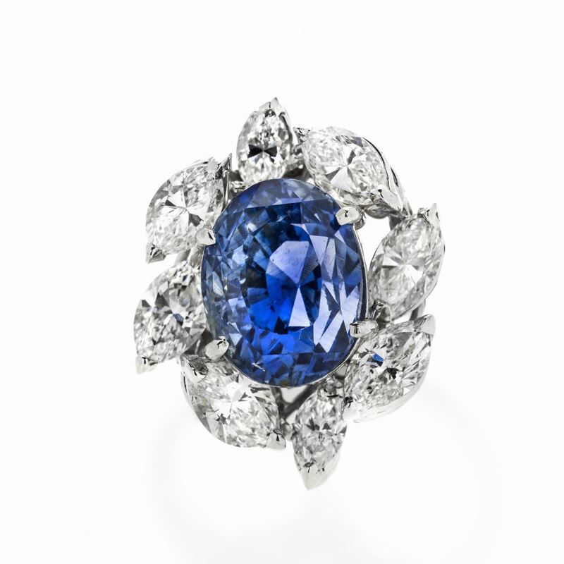 Anello in Oro Bianco, Diamanti e Zaffiro