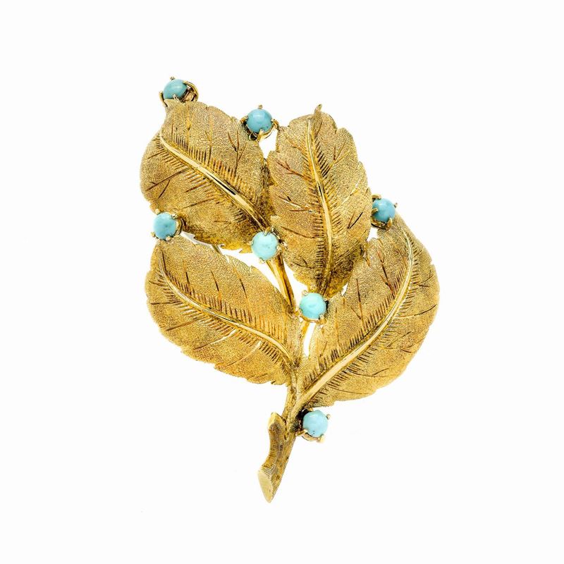 Spilla Tralcio di Foglie in Oro Giallo e Turchese
