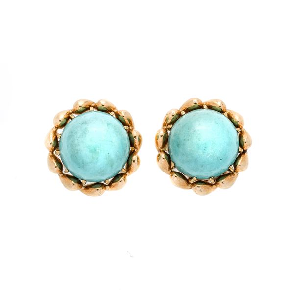 Pair of clip earrings in yellow and turquoise gold