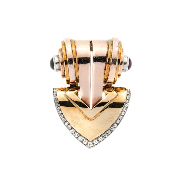 TIFFANY &amp; CO - Clip in oro giallo 14 kt, oro bianco, oro rosa, rubini e diamanti Tiffany&Co