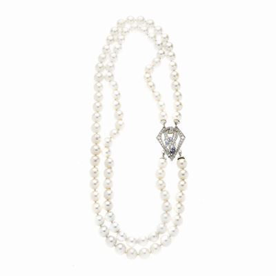 Girocollo con Perle, Oro Bianco, Zaffiri e Diamanti