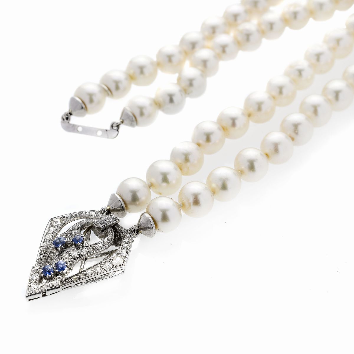 Girocollo con Perle, Oro Bianco, Zaffiri e Diamanti