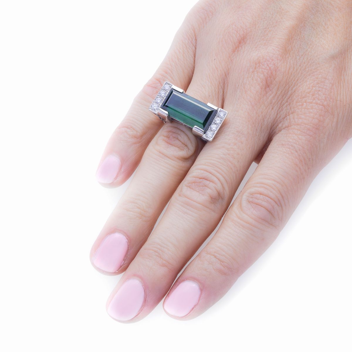 Anello in Oro Bianco, Diamanti e Tormalina Verde