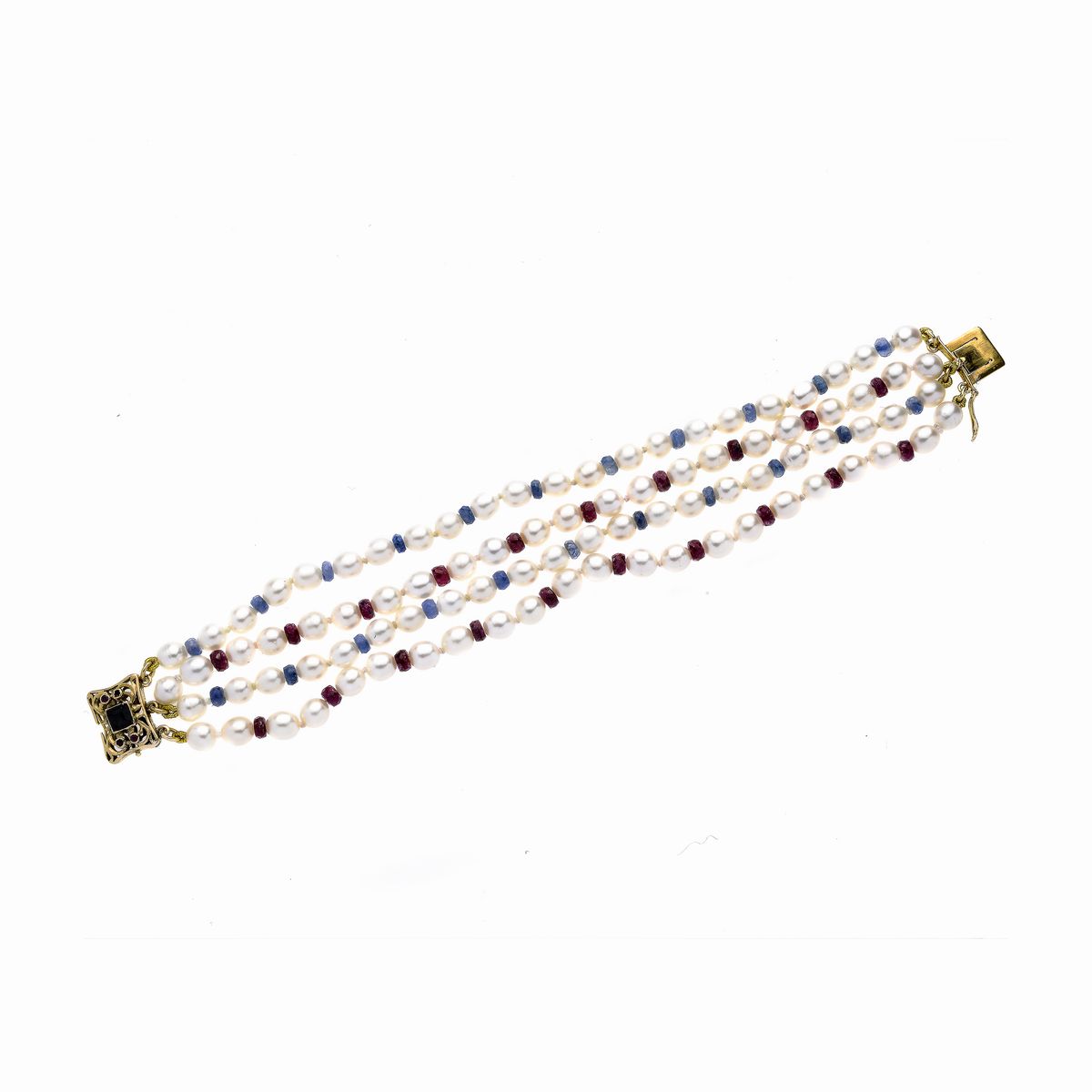 Bracciale in Perle Coltivate, Zaffiri, Rubini con Fermezza in Oro Giallo