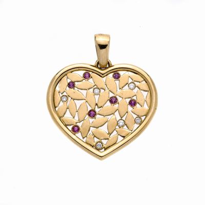 Pendente Cuore in Oro Giallo, Diamanti e Rubini