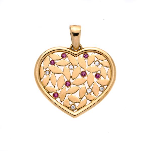 Heart pendant in yellow gold, diamonds and rubies