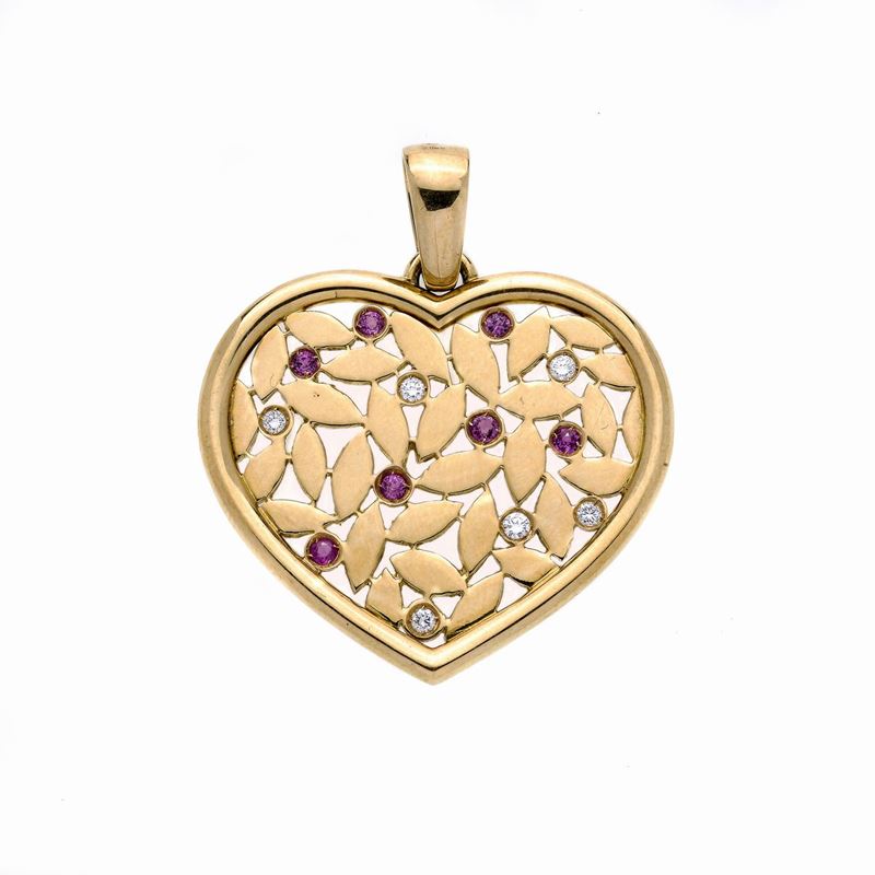 Pendente Cuore in Oro Giallo, Diamanti e Rubini