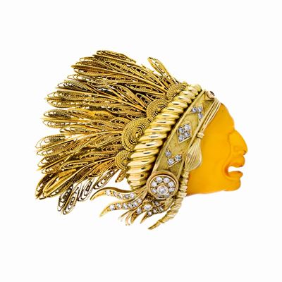 Spilla Indiano in Oro Giallo, Diamanti e Ambra