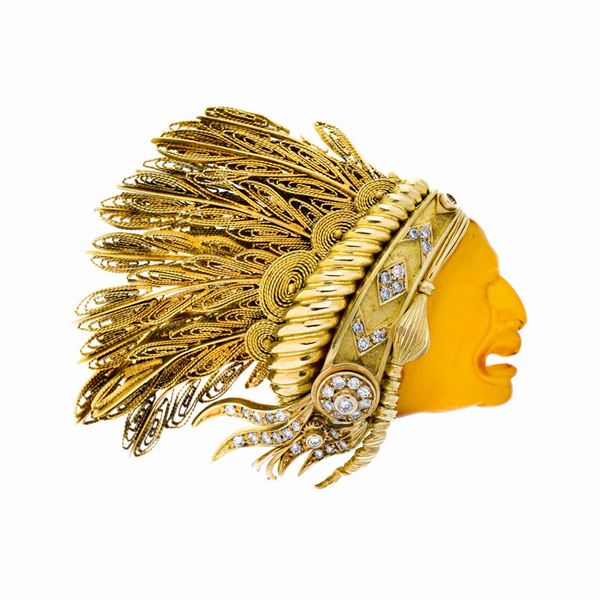 Spilla Indiano in oro giallo, diamanti e ambra