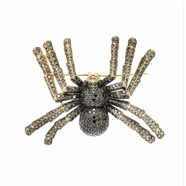 Spilla pendente Ragno in oro giallo, diamanti brown e diamanti neri