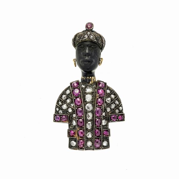 Brooch Moro in yellow gold, silver, diamonds, turquoise and rubies  - Auction Auction of Antique Jewelry, Modern and watches - Curio - Casa d'aste in Firenze