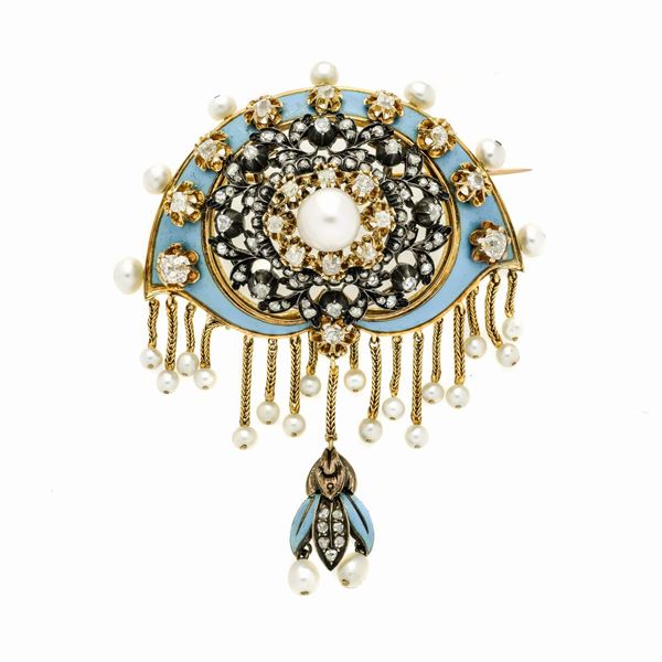 Spilla in oro giallo, argento, smalto turchese, diamanti e perle