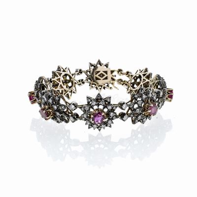 Bracciale in Oro Giallo, Argento, Diamanti e Rubini