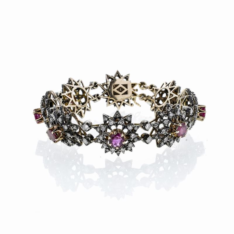 Bracciale in Oro Giallo, Argento, Diamanti e Rubini