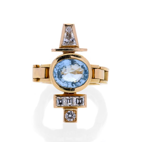 GIORGIO FACCHINI - Ring in yellow gold, diamonds and Giorgio Facchini aquamarine